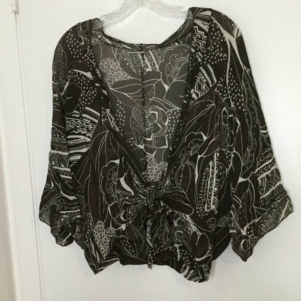 Chico's Brown & White Sheer Silk Tie Front Top